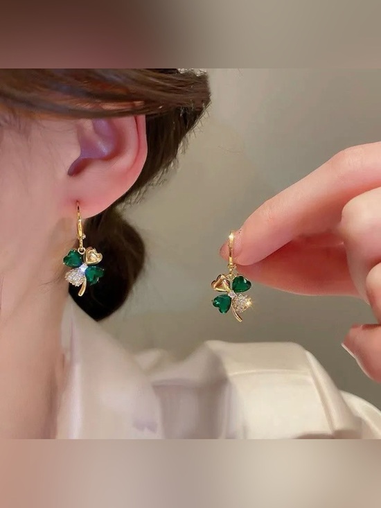 Jewelry - Gold Shamrock ☘️ Clover Drop Earrings with Green Heart 💚 Stones